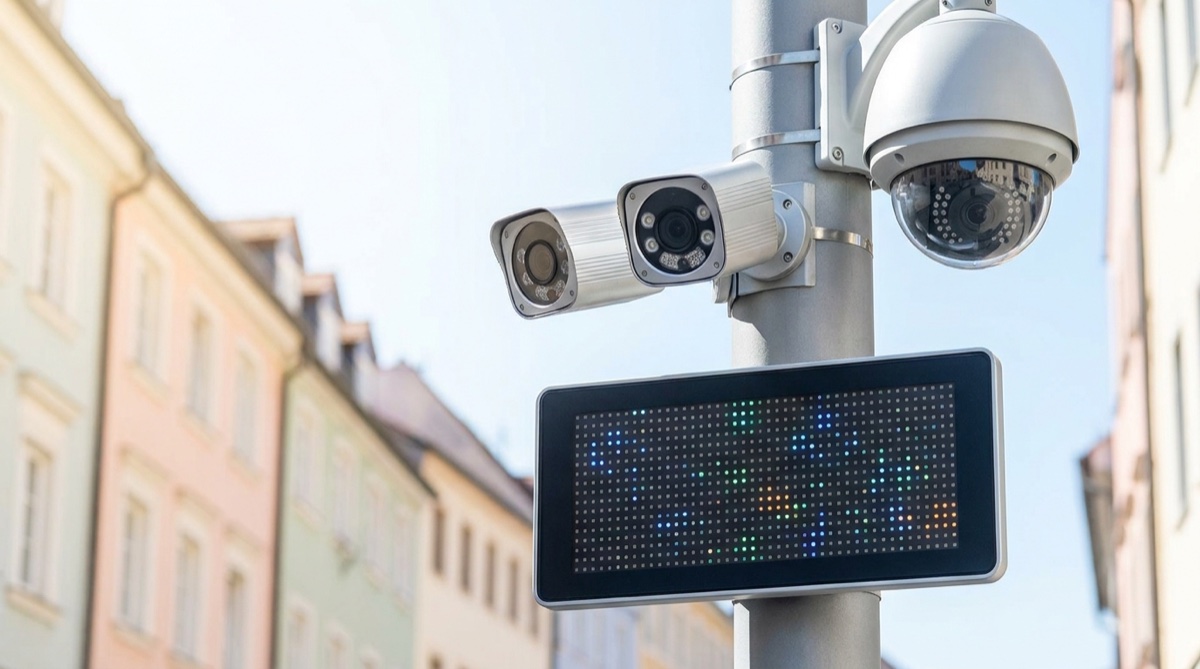 A pole at the gate carrying two ANPR cameras, an overview camera and an LED board that announces the result to the driver.
